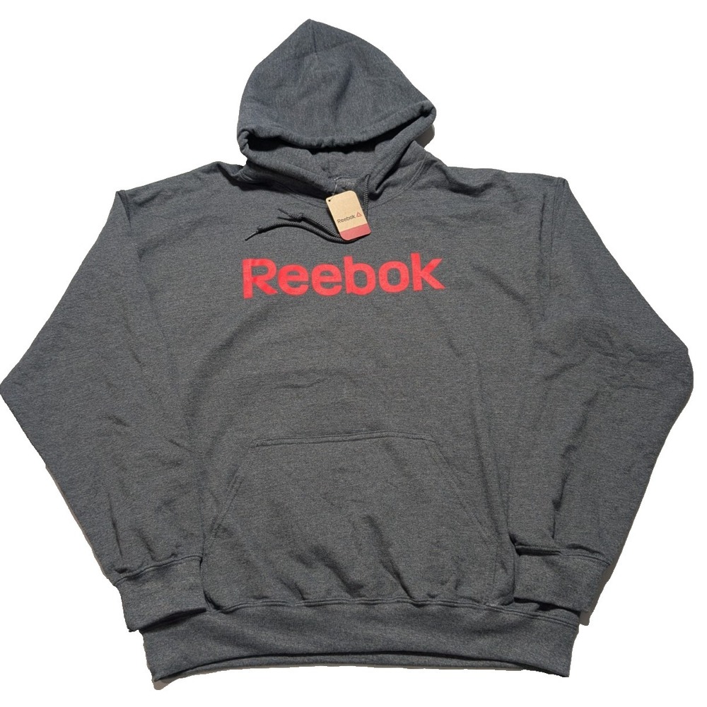 REEBOK Men Large Heather Gray Fleece Cotton Blend Logo Pullover Hoodie NEW